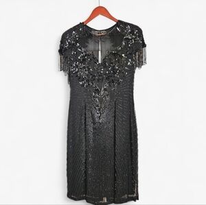 Vintage Cache 100% Silk Black Beaded Art Deco Wiggle '50s Style Flapper Dress 8